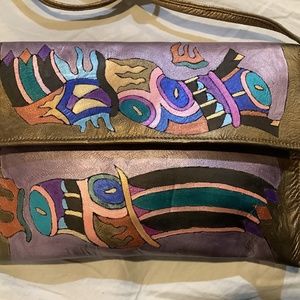 K. Lee Manuel hand painted purse of leather and metallic paint vintage 1980’s